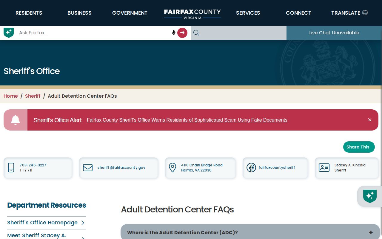 Fairfax County Adult Detention Center FAQ page with custody inquiry information