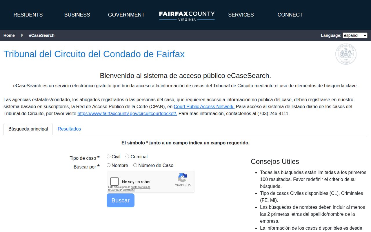 Fairfax Circuit Court eCaseSearch public case index interface