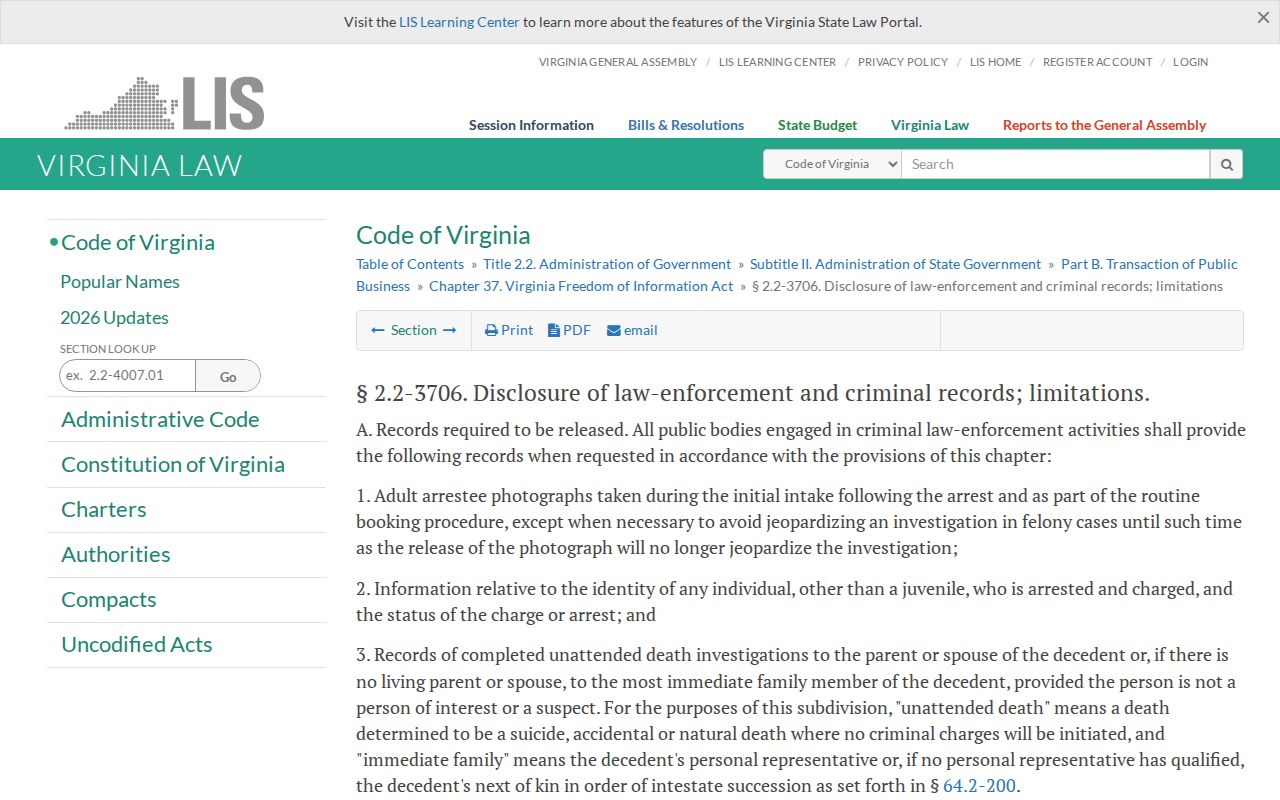 Virginia Code page concerning adult initial-intake booking photographs