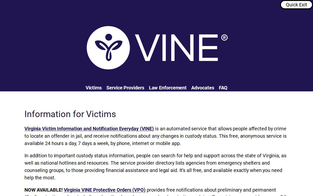 Virginia Jail VINE local jail custody notification interface