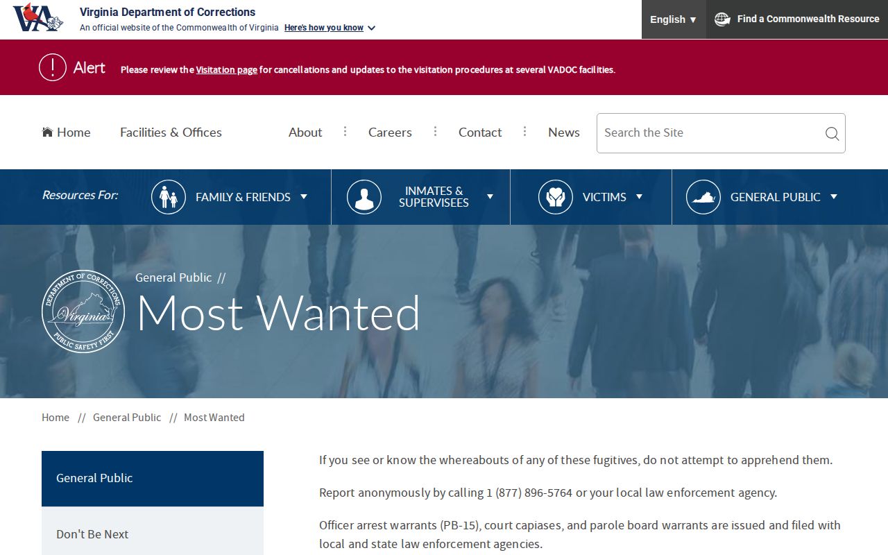 Virginia Department of Corrections statewide wanted fugitives resource, not a Fairfax County list