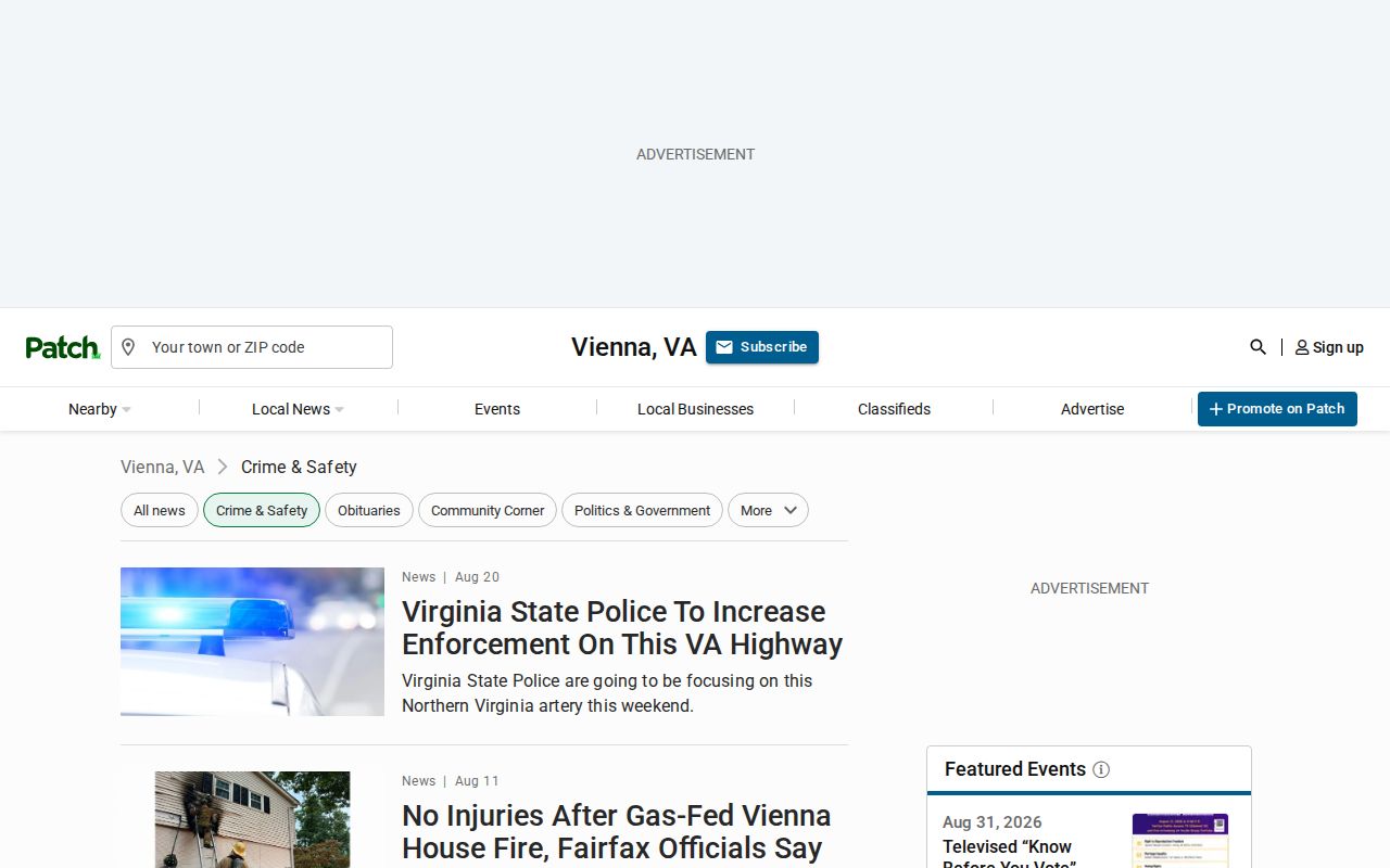 Vienna Crime and Safety reporting view for Fairfax County arrest news